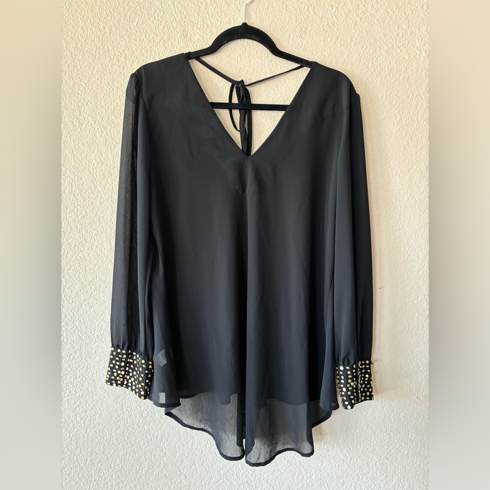 Depri black sheer blouse with sleeves accented in‎ gold L